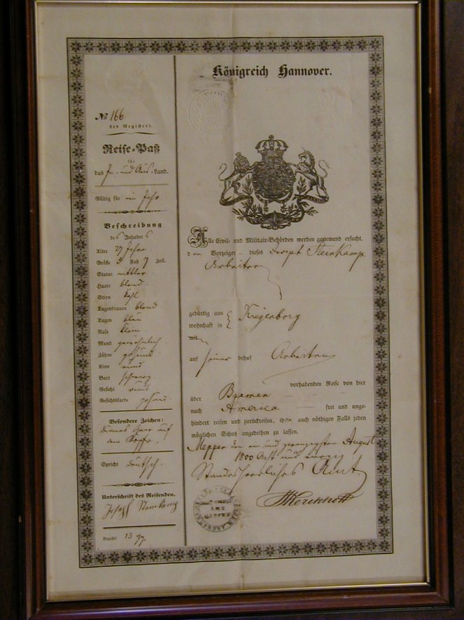 Joseph Steinkamp Emigration Pass